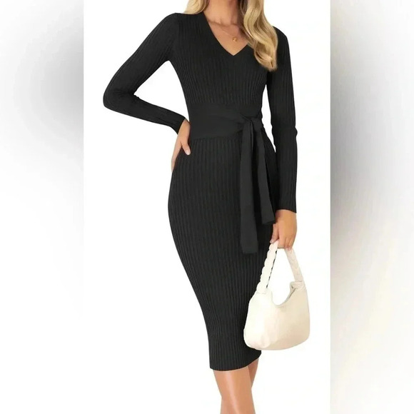 zesica Dresses & Skirts - ZESICA Sweater Dress V Neck Long Sleeve Ribbed Knit Waist Slim Fit Bodycon Midi